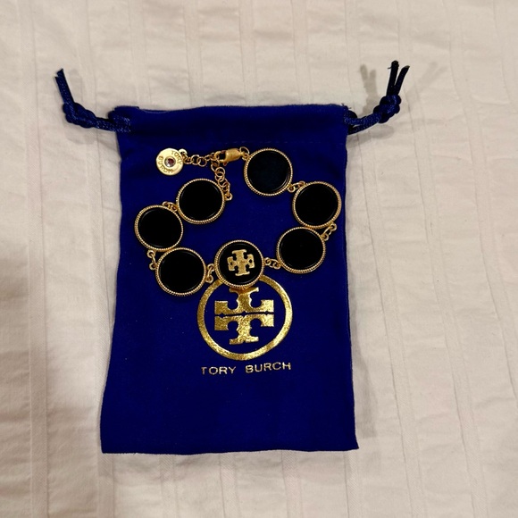 Tory Burch Black Enamel and Gold Logo Link Bracelet - Picture 2 of 2